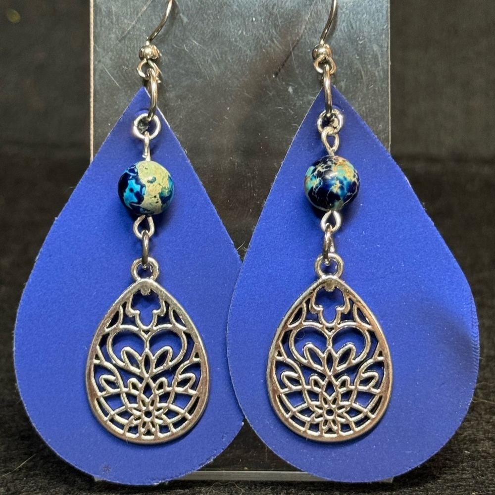 Elegant Silver and Blue Faux Leather Teardrop Earrings